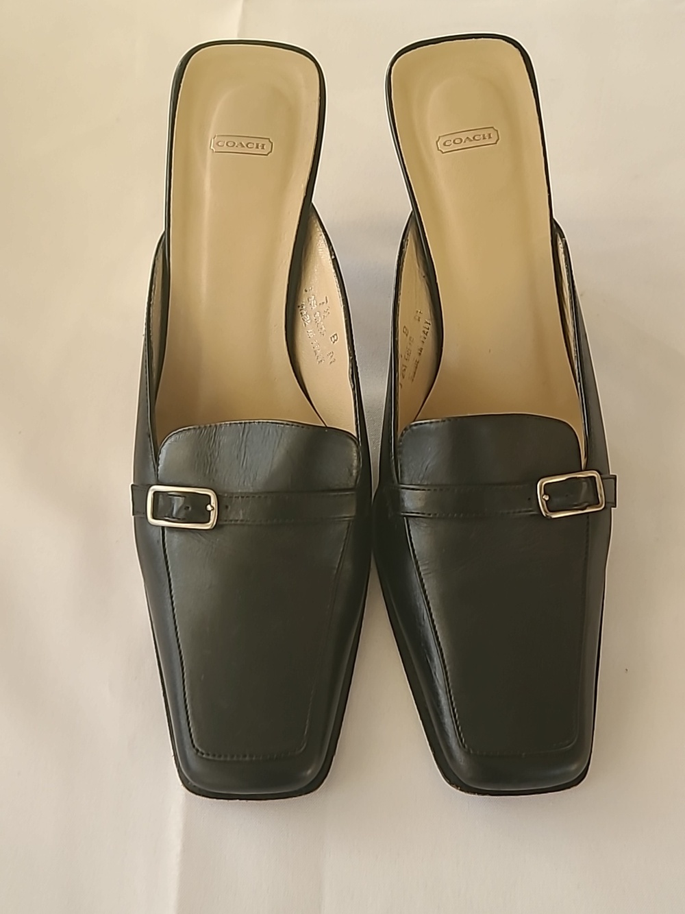 Coach  Greta Black Leather Slide Mules with Silver Buckle 7.5 B